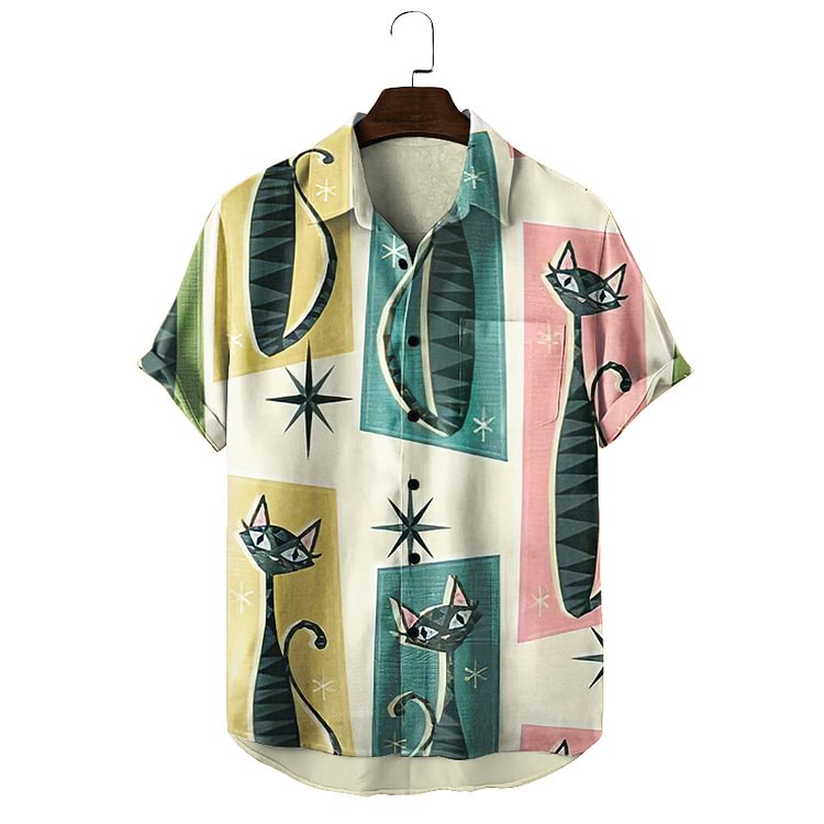 Men's abstract cat print casual shirt