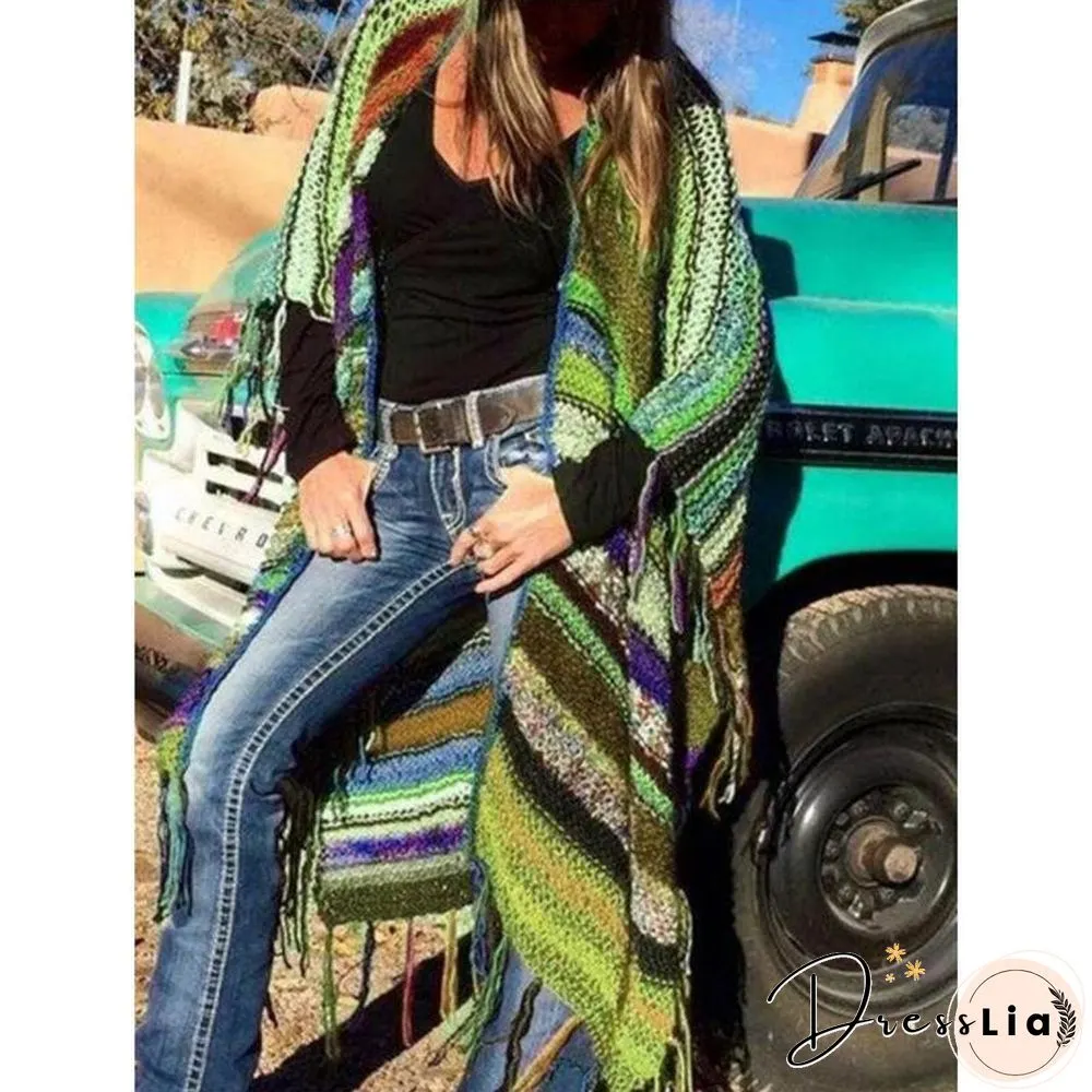 Color-Block Long Sleeve Tassel Knitted Outerwear