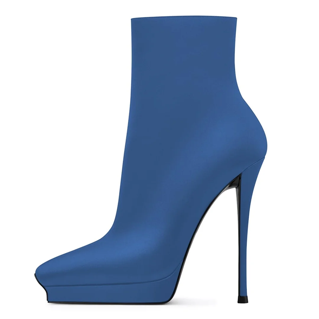 Blue Vegan Leather Side-Zip Platform Stiletto Heel Ankle Boots