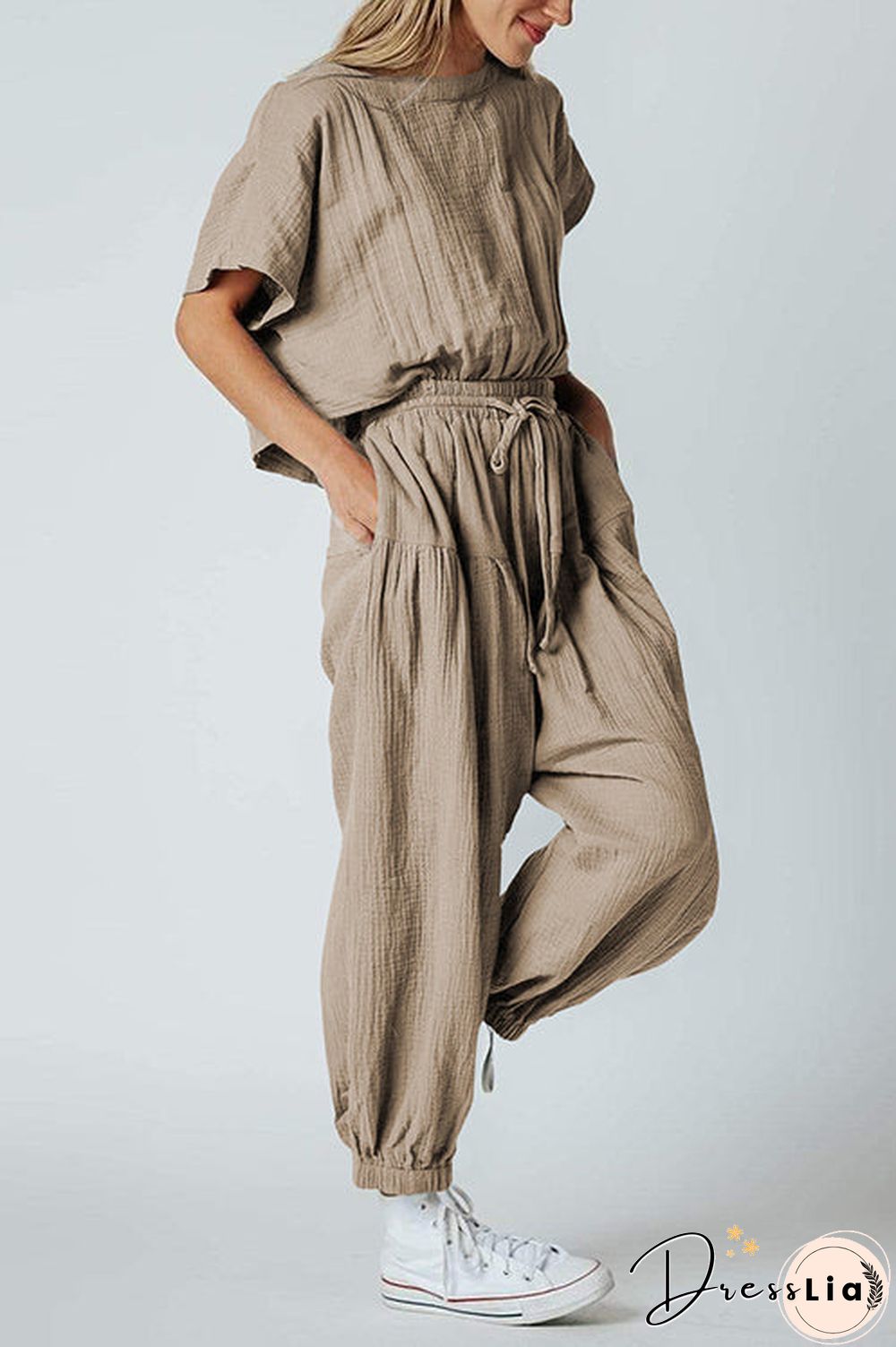 Slit Back Solid Drawstring Jumpsuit