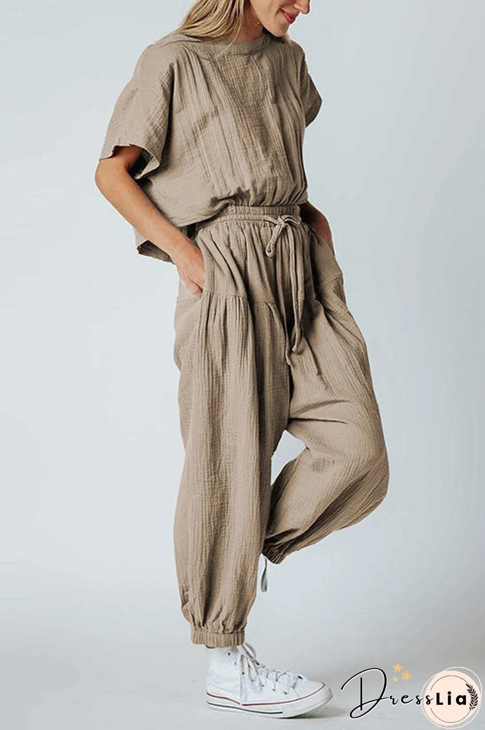Slit Back Solid Drawstring Jumpsuit
