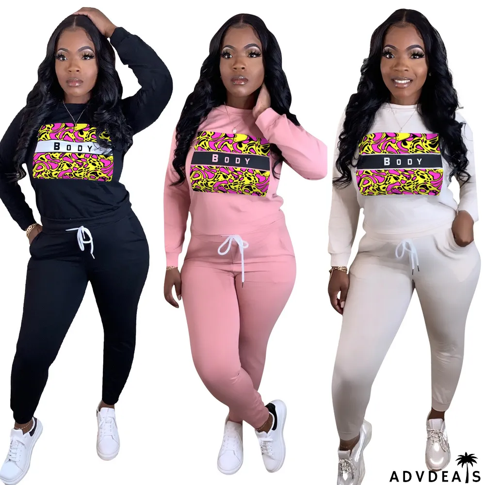 Autumn Casual Print Round Neck Sweatsuit