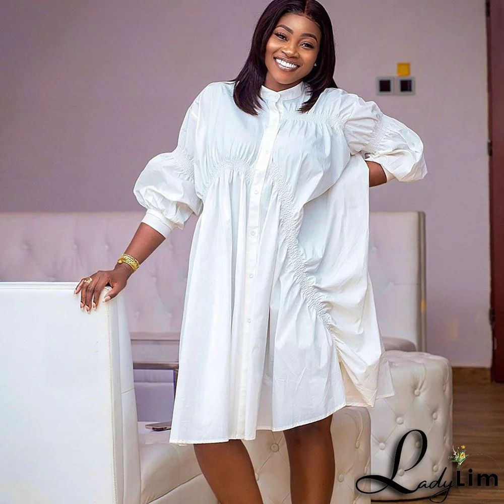 Plus Size Solid Pleated Long Sleeve Shirt Dress
