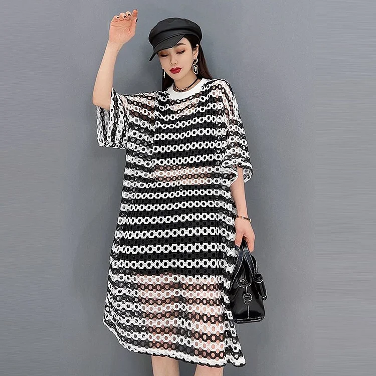 Sexy Mesh Hollow out Black White Striped Perspective Patchwork Half Sleeve Dress 
