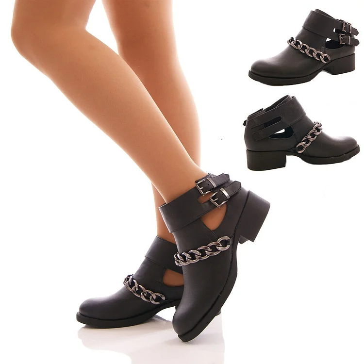 Women's Black Buckles Chunky Heel Ankle Booties with Chain |FSJ Shoes