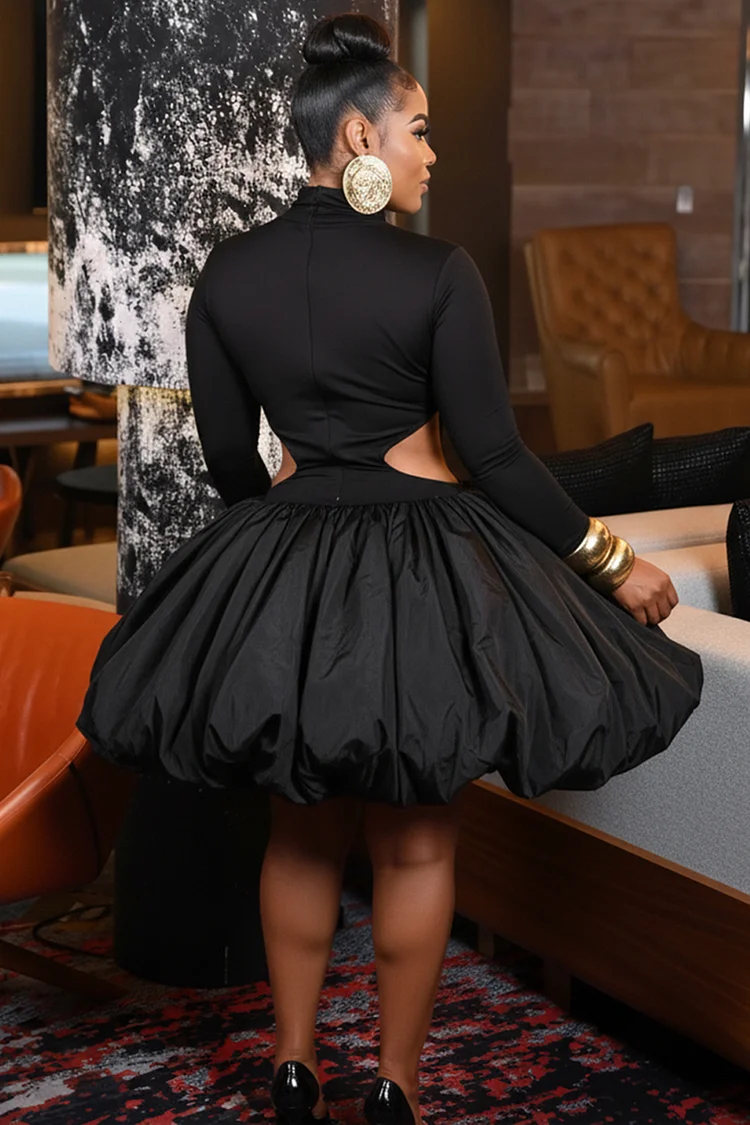 Mock Neck Long Sleeve Cutout Party Mini Bubble Dresses-Black