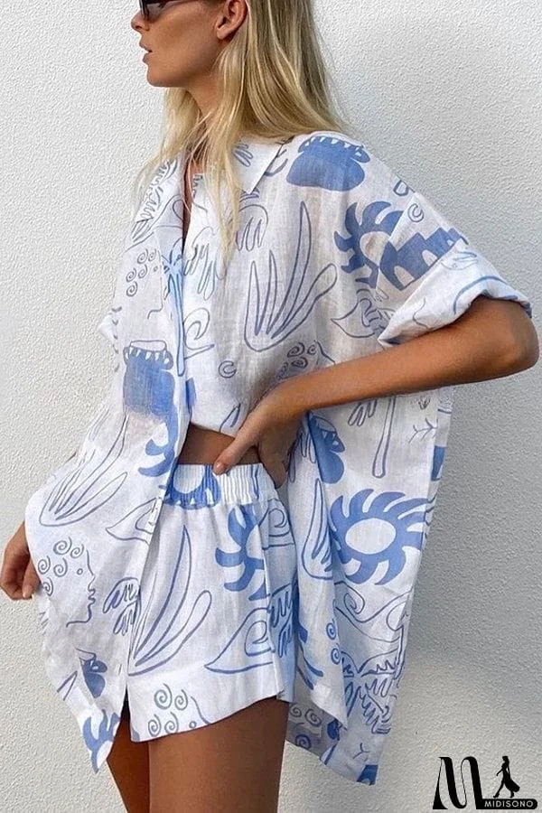MidiSono - Quiet Beach Linen Blend Printed Oversized Blouse and Elastic Waist Shorts Set