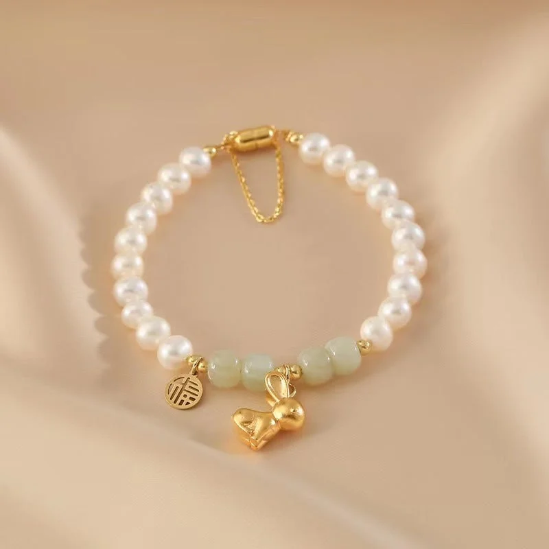 Bunny Pearl Emerald Jade stone bracelet