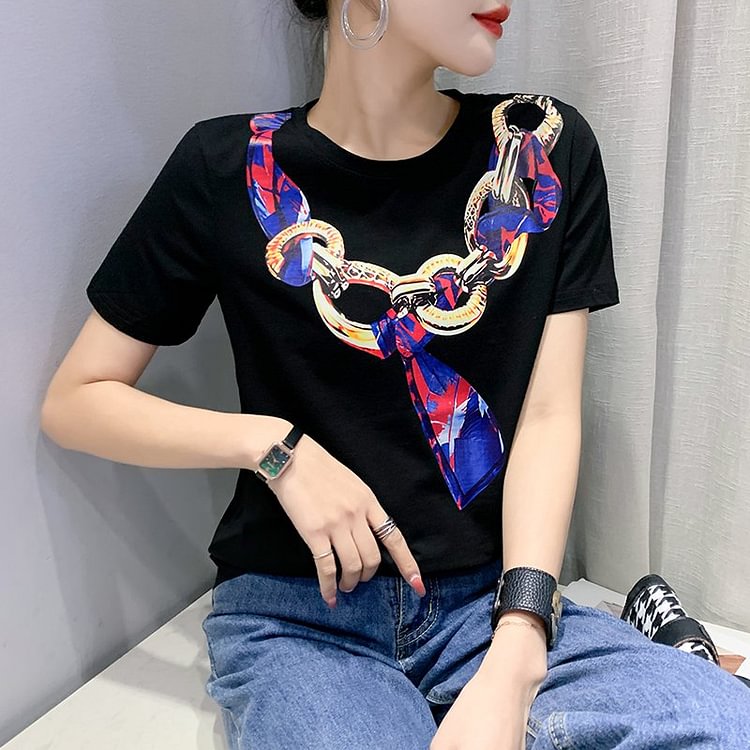 Black Short Sleeve Printed Cotton-Blend Shirts & Tops