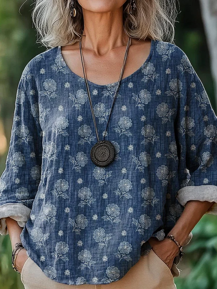 Women's Vintage Lovely Floral Art Print Casual Cotton And Linen Shirt