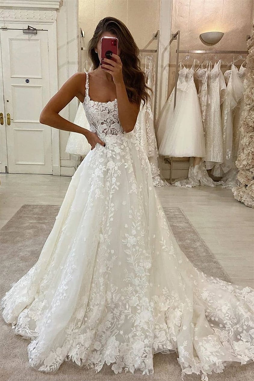 Luluslly Straps Sleeveless Wedding Dress With Lace Appliques Long