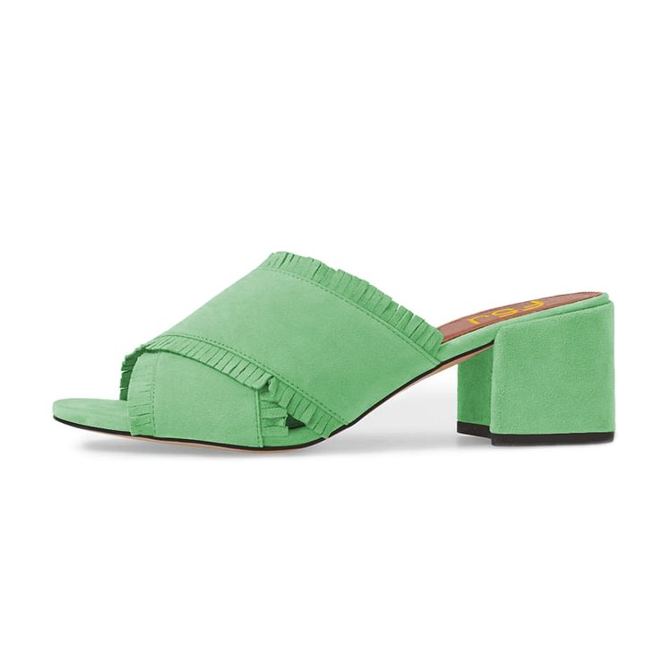Women's Mint Green Peep Toe Suede Fringe Mule Chunky Heel Sandals |FSJ Shoes