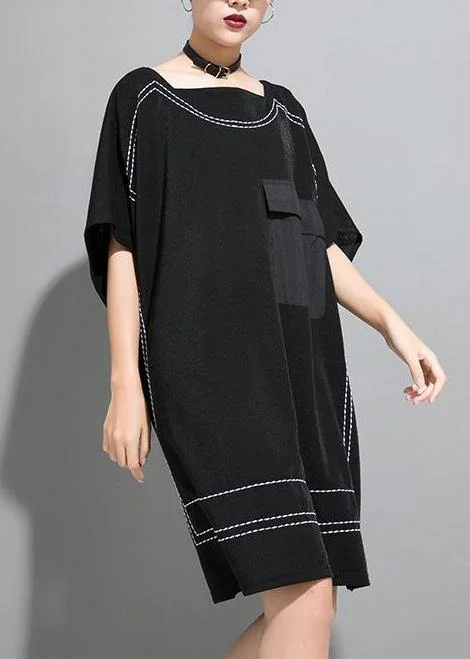 Loose Cotton Tunics Indian Personality Rectangular Frame Spliced Black Dress