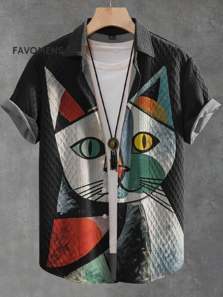 Cubism Art Cat Decorative Pattern Casual Jacquard Shirt Multicolor / S