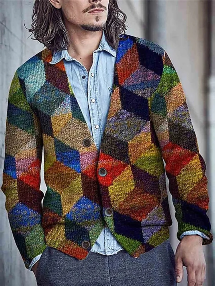 Plaid Color Block Retro Vintage Long Sleeved Knitted Cardigan