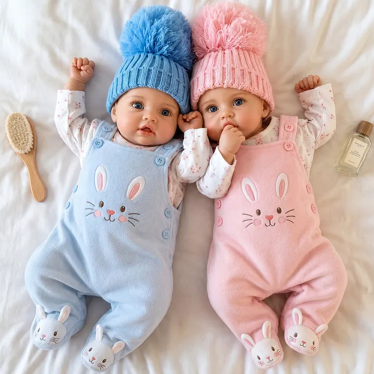 [Pre-Order] Babeside Faye 12"/16" Twin Silicone Baby Dolls with Pouty Lips &ndash; Blue & Pink Bunny Outfit Gift Set