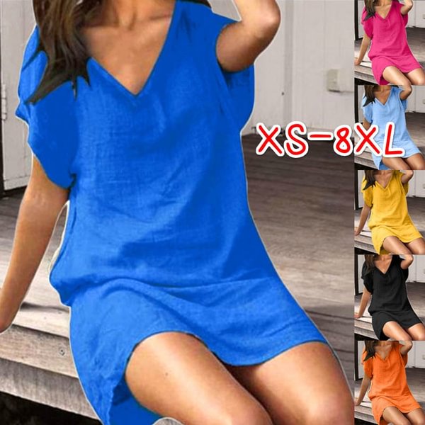 XS-8XL Summer Dresses Plus Size Fashion Women's Casual Short Sleeve T-shirt Dress Ladies Solid Color V-neck Mini Dress Beach Wear Party Dress - Shop Trendy Women's Fashion | TeeYours