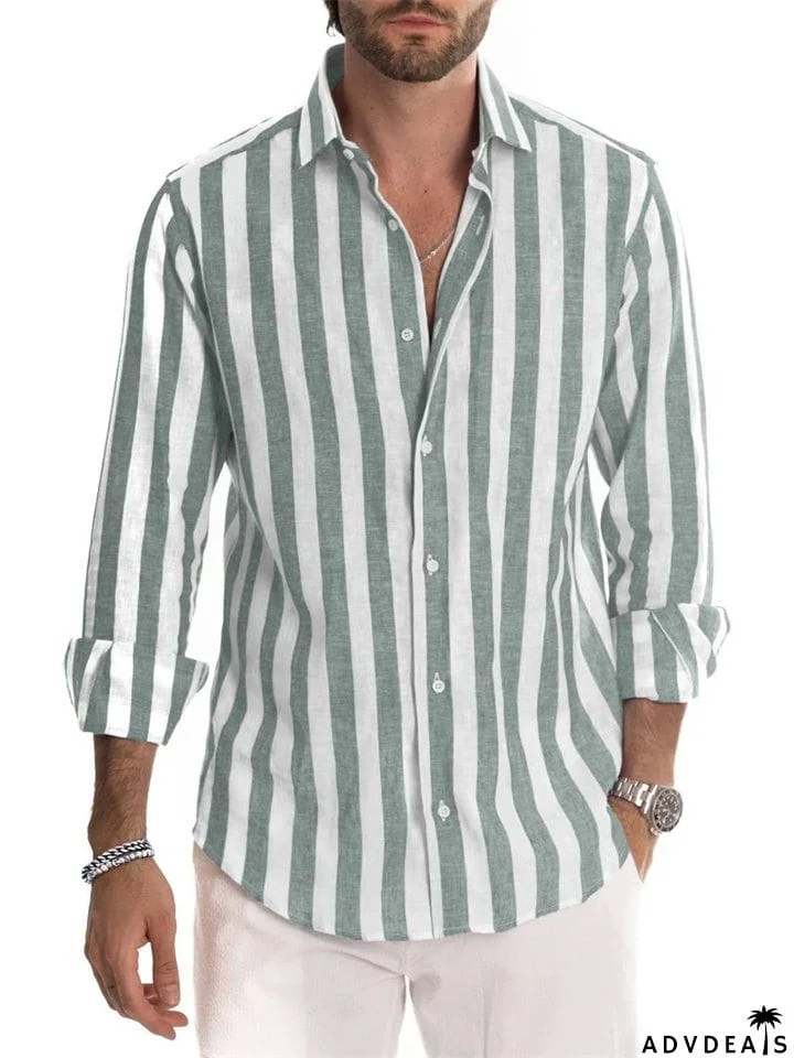 Men's Casual Fashion Button Up Long Sleeve Striped Shirts