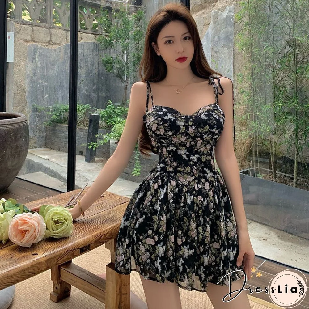 Dress Women Chiffon Mini Lovely Feminino Retro Floral Summer Holiday Draped Sleeveless Stylish Korean Style Temperament Cozy Ins