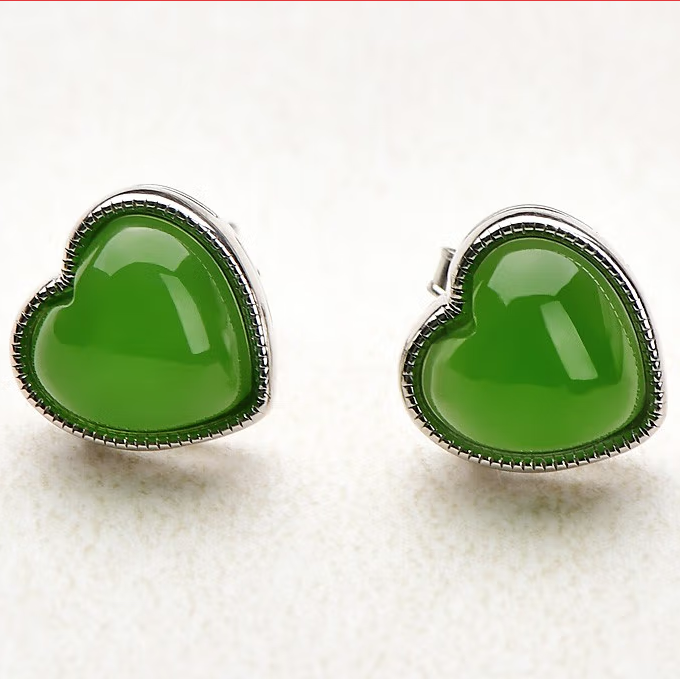 High Standard Hetian jade stud female style Jasper heart earrings spinach green earrings jewelry jade fashion