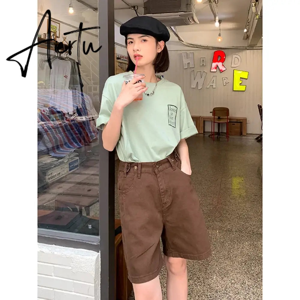 Women's Short  Summer High Waist Jeans Baggy Straight Five Points Trousers Streetwear Vintage Mom Denim Wide Leg Short Pants Aiertu