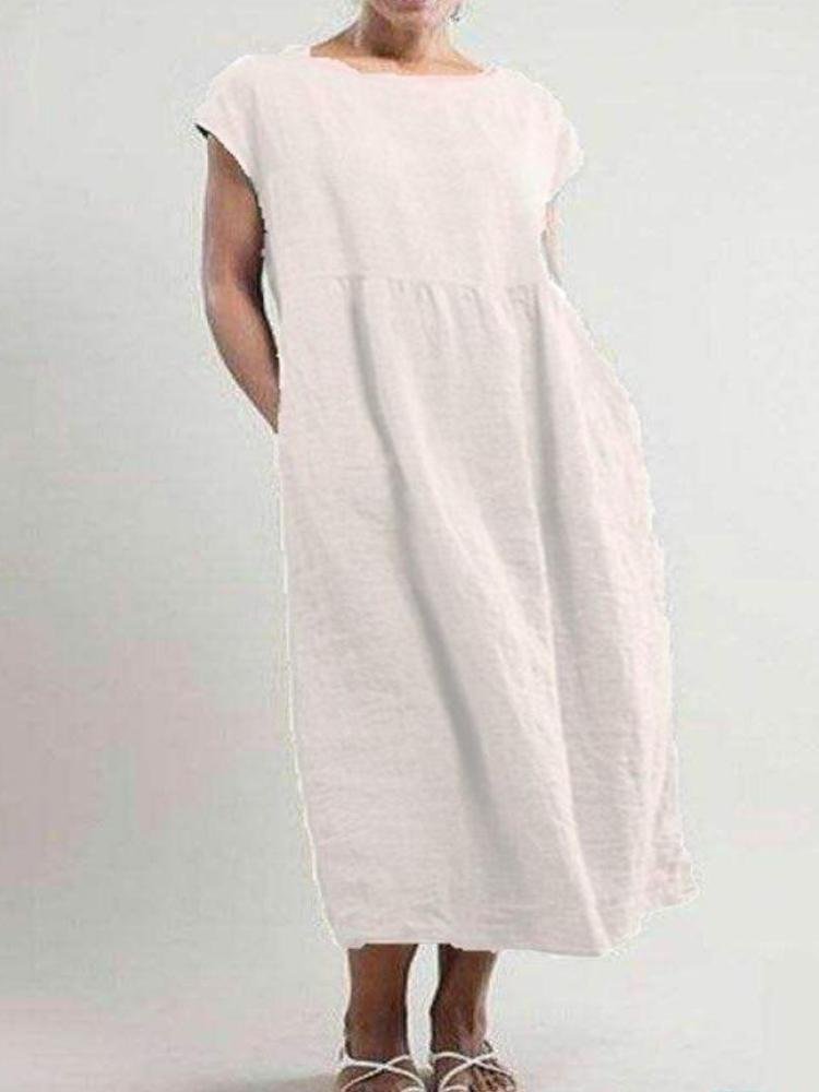 Solid Color Loose Cotton And Linen Pocket Dress 