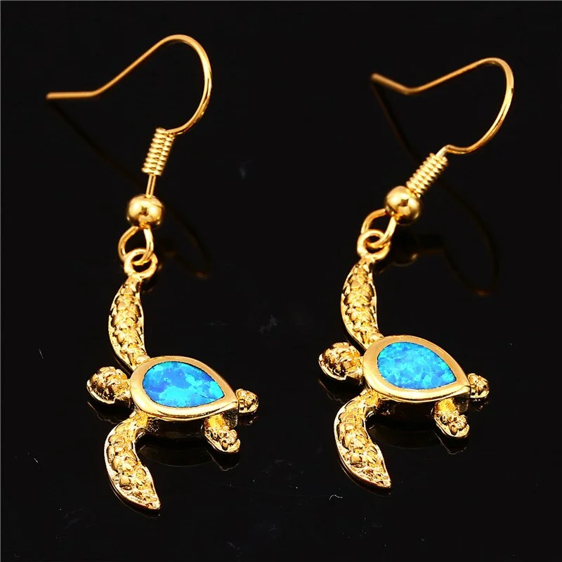 Cute Female Small Turtle Drop Earrings Yellow Gold Silver Color Clip Earrings For Women Vintage Blue White Opal Wedding Earrings