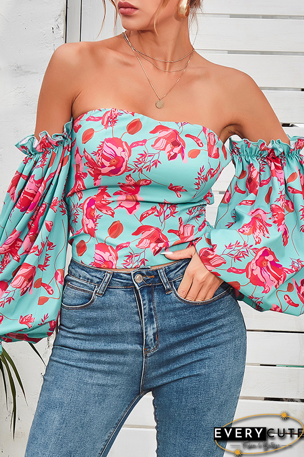 Elegant Floral Split Joint Off The Shoulder Tops
