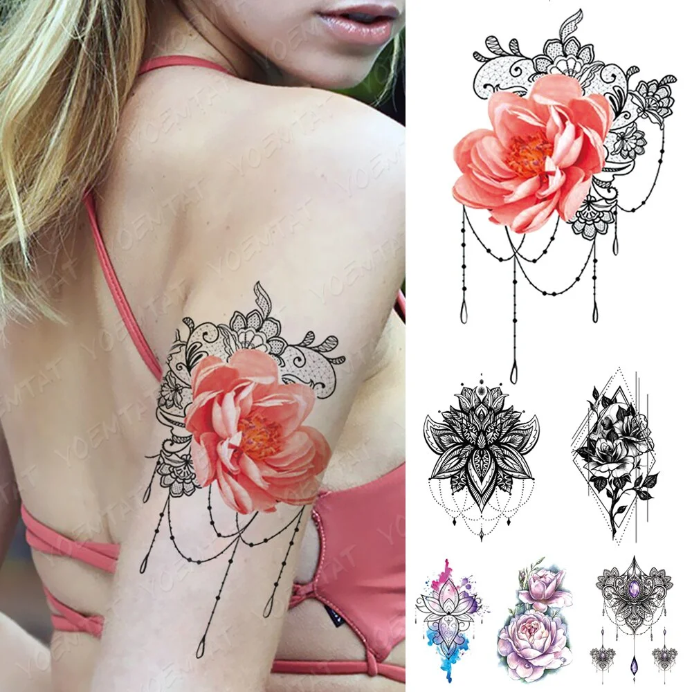 Waterproof Temporary Tattoo Sticker Mandala Rose Lotus Flash Tattoos Peony Flower Body Art Arm Water Transfer Fake Tatoo Women