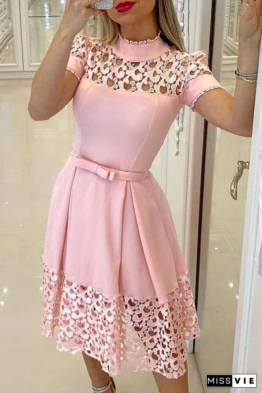 Cut-Out Patchwork Short Sleeve Dress
