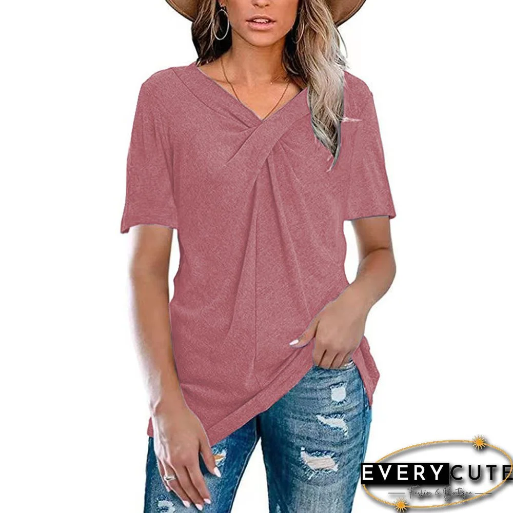 Watermelon Red Front Pleated V Neck T Shirt