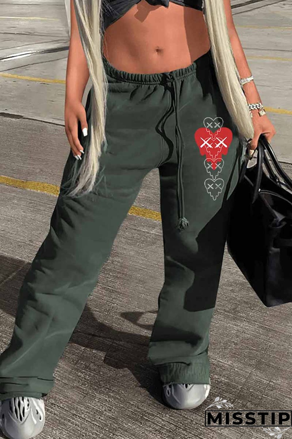 Burgundy Street Print Patchwork Straight Bottoms