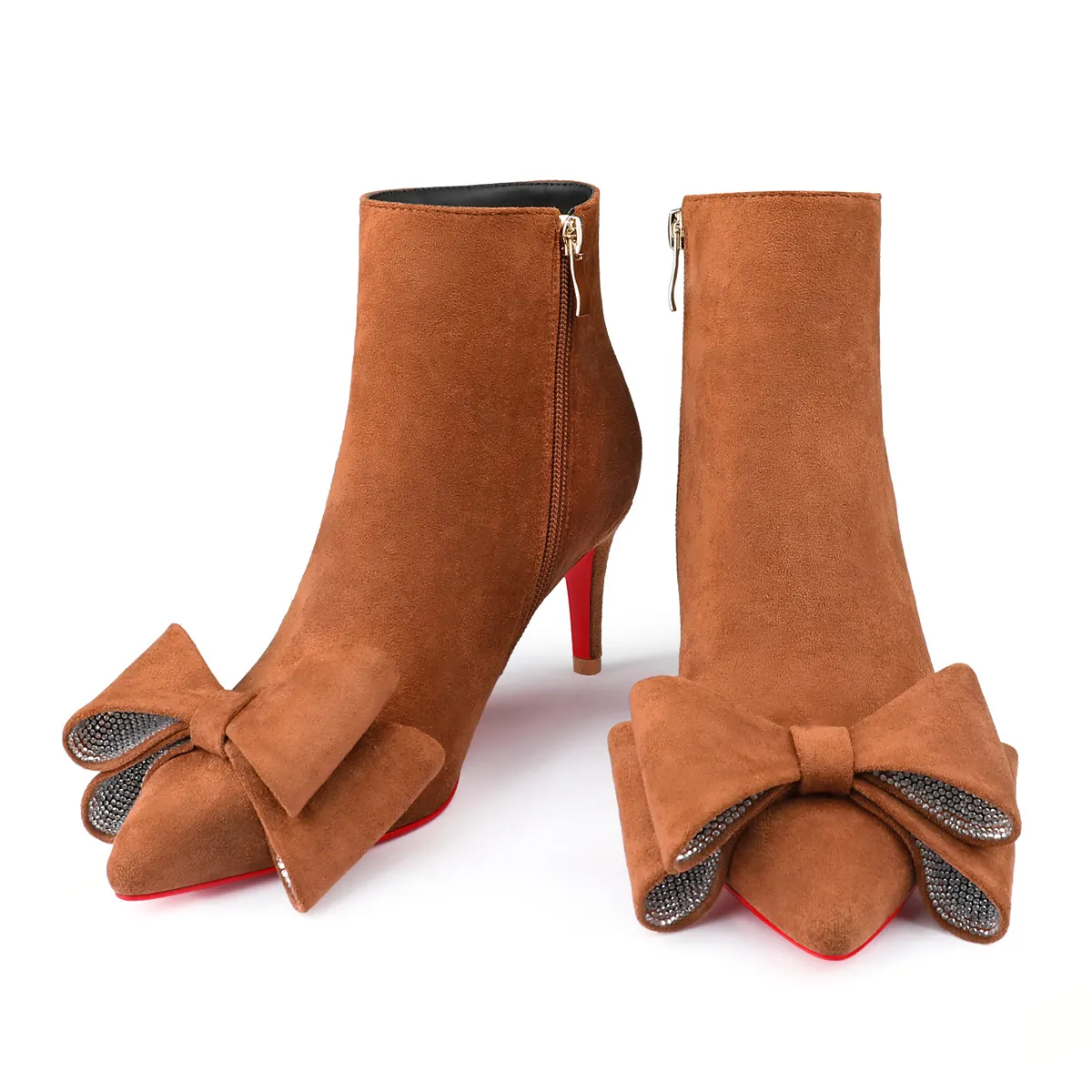60mm Women's Pointed Toe Bow Rhinestone Ankle Boots Kitten Heel Single Strap Red Bottom Suede Booties-vocosishoes