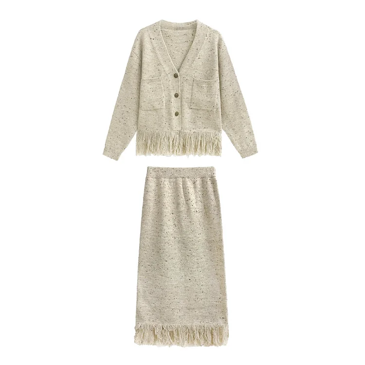 Fashionable Tassel Knit Outerwear and Skirt Suits - yankia