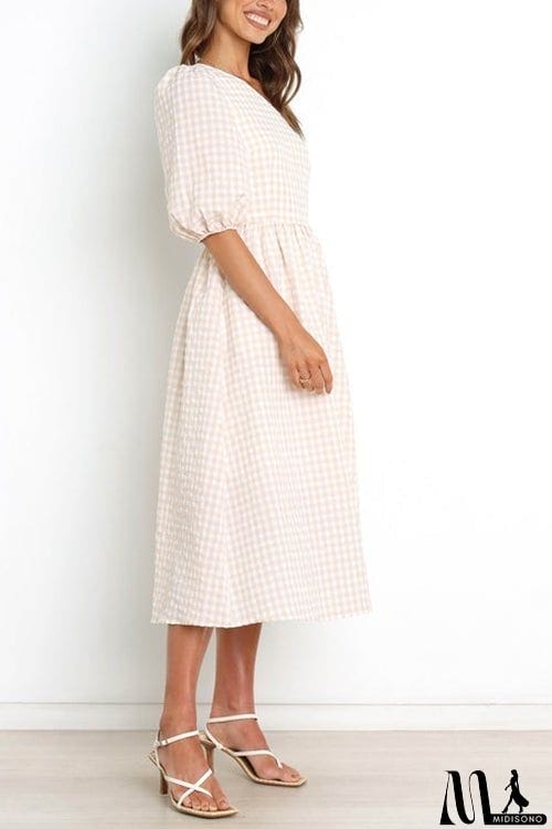 MidiSono - Plaid Puff One Shoulder Midi Dress