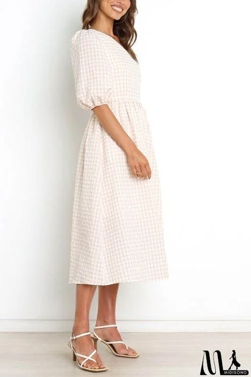 MidiSono - Plaid Puff One Shoulder Midi Dress