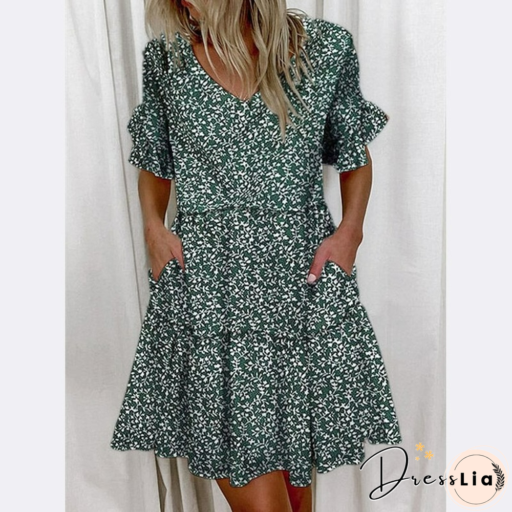 Printed Ruffle Pocket Dress Women Casual Loose Shoprt Sleeve Boho Vestidos Mujer