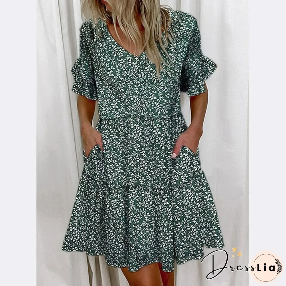 Printed Ruffle Pocket Dress Women Casual Loose Shoprt Sleeve Boho Vestidos Mujer