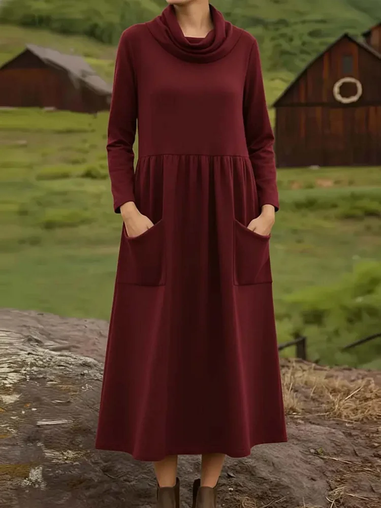 Retro Cowl Collar Pocket Stretch Midi Dress