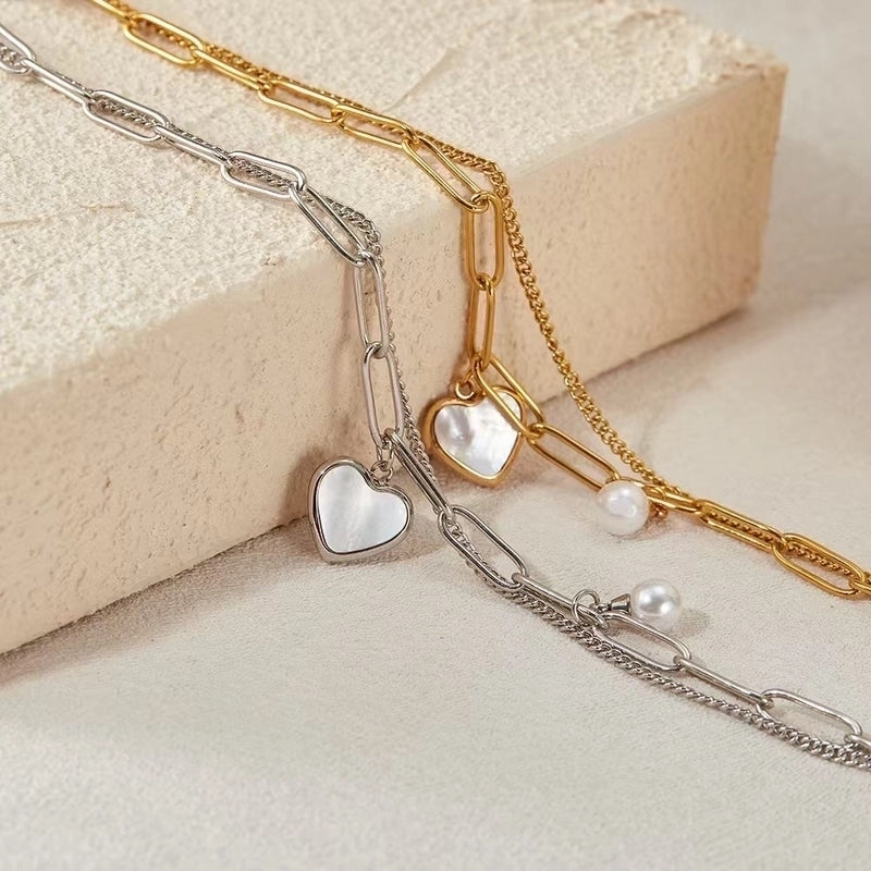 Casual Minimalist Heart Shape Titanium Steel 18K Gold Plated Artificial Pearls Shell Paperclip Chain Bracelets In Bulk