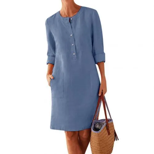 Plus Size 5XL Casual Solid Color Cotton Linen Women Long Sleeve Tunic Kaftan Dress length vestidos summer dresses