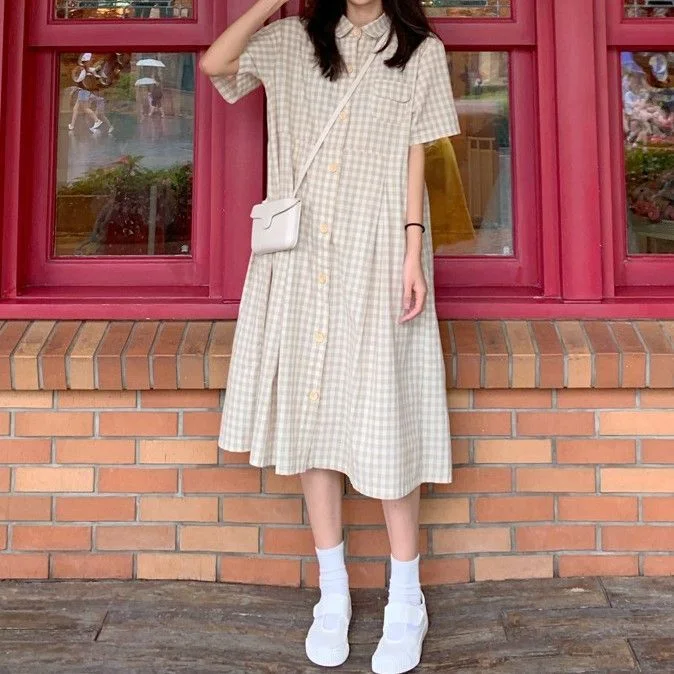 Gingham Short-Sleeve Collared Midi Shift Dress YP1591