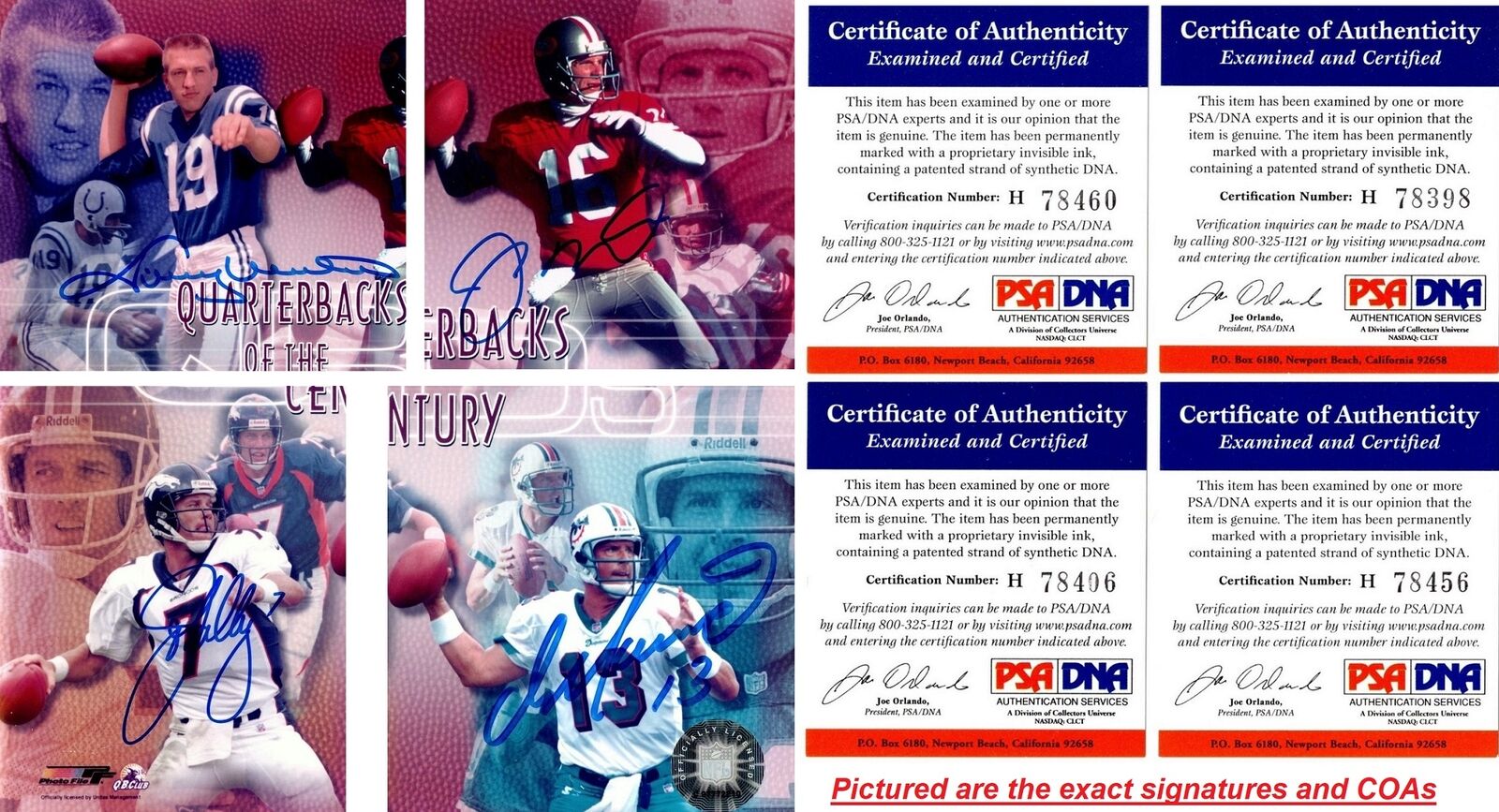 LOT 4x Johnny Unitas Dan Marino Joe Montana John Elway Signed 8x10 Photo Poster painting PSA/DNA