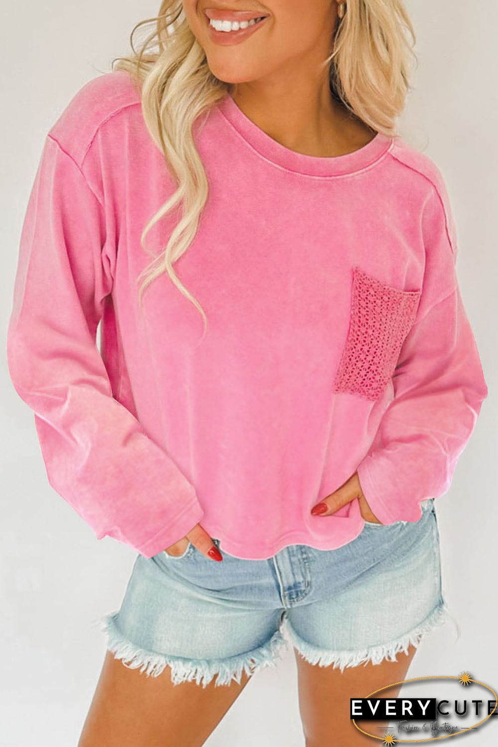 Pink Lace Patch Pocket Long Sleeve T-shirt