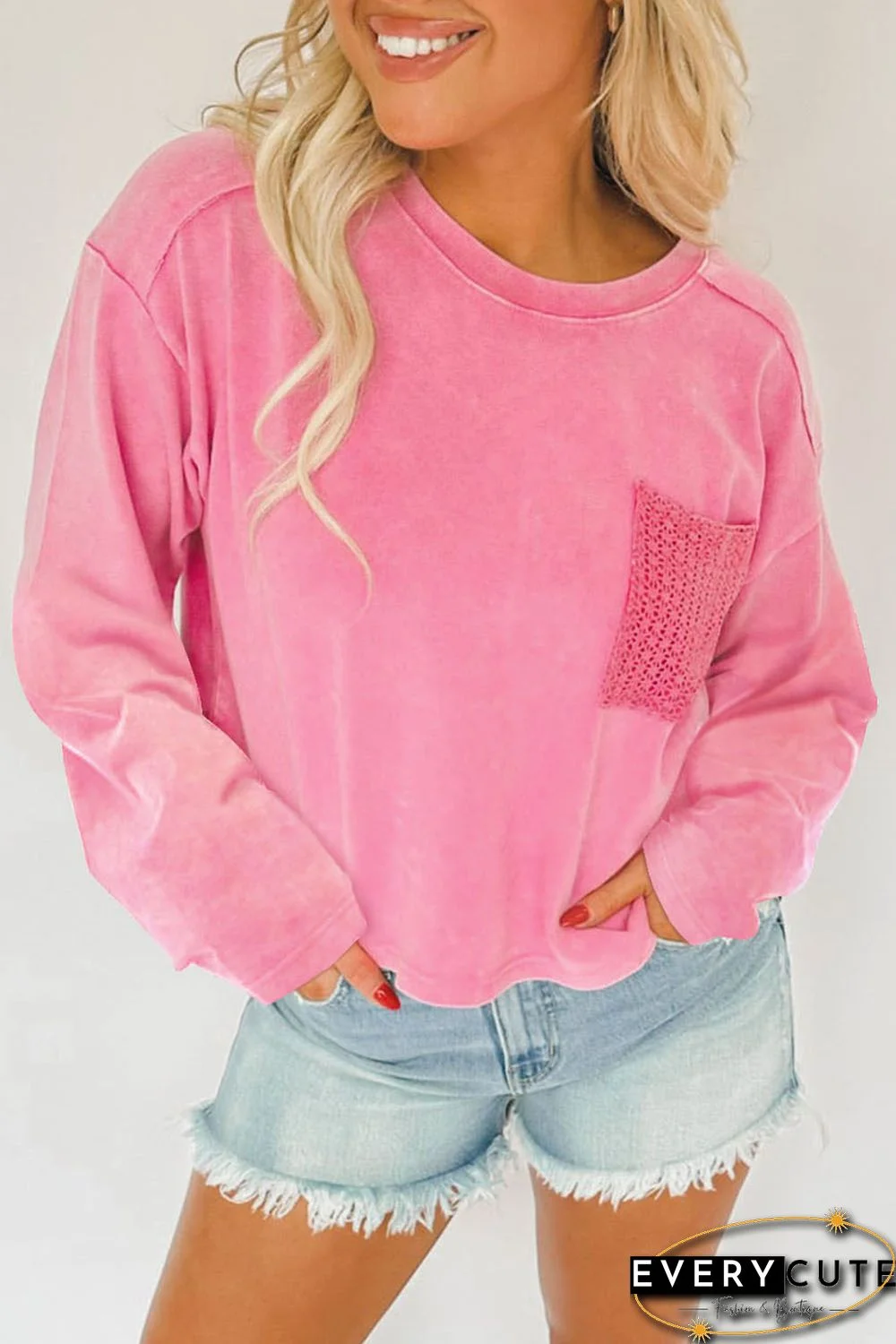 Pink Lace Patch Pocket Long Sleeve T-shirt