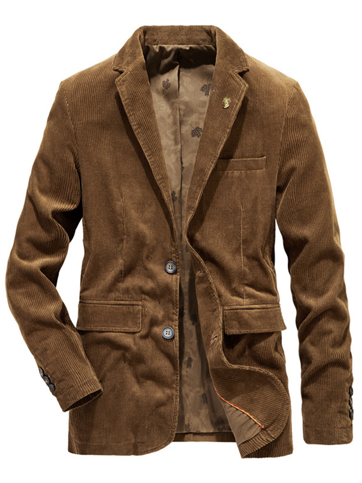 Men's Corduroy Jacket Blazer Sport Jacket Breathable Business Work Double Breasted Turndown Business Elegant Jacket Outerwear Solid Color Pocket Blue Khaki Coffee / Fall / Long Sleeve | 168DEAL