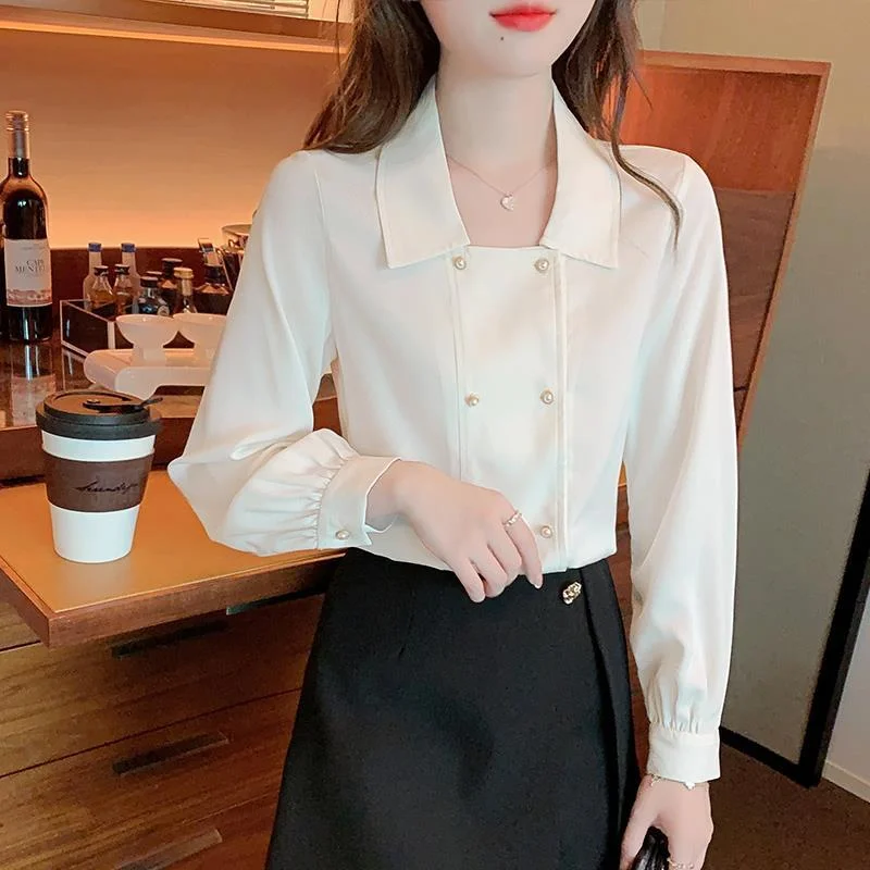 Jangj Spring Summer New Elegant Double-breasted White Blouse Design All-match Turn Dwon Collar Shirt Korean Style Casual Clothing