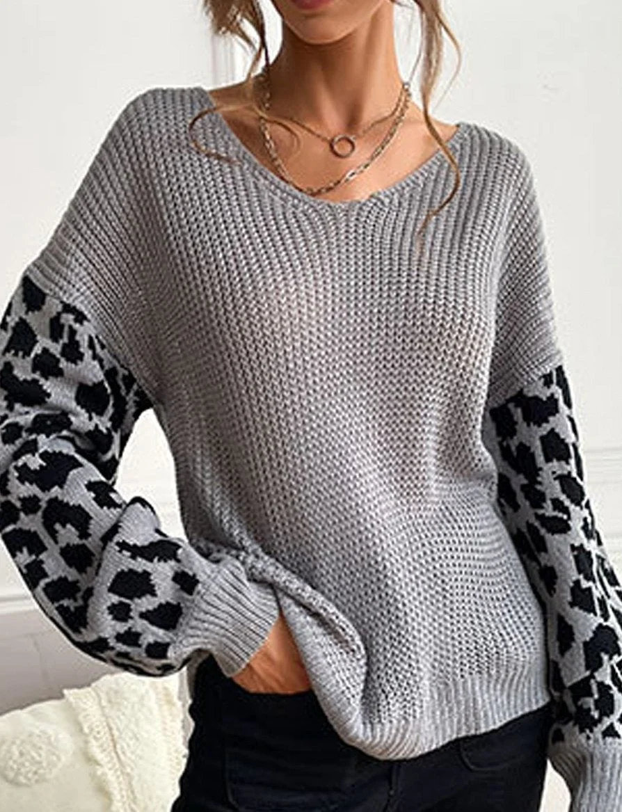 Casual Leopard Print Stitching V-Neck Long-Sleeved Sweater | EGEMISS