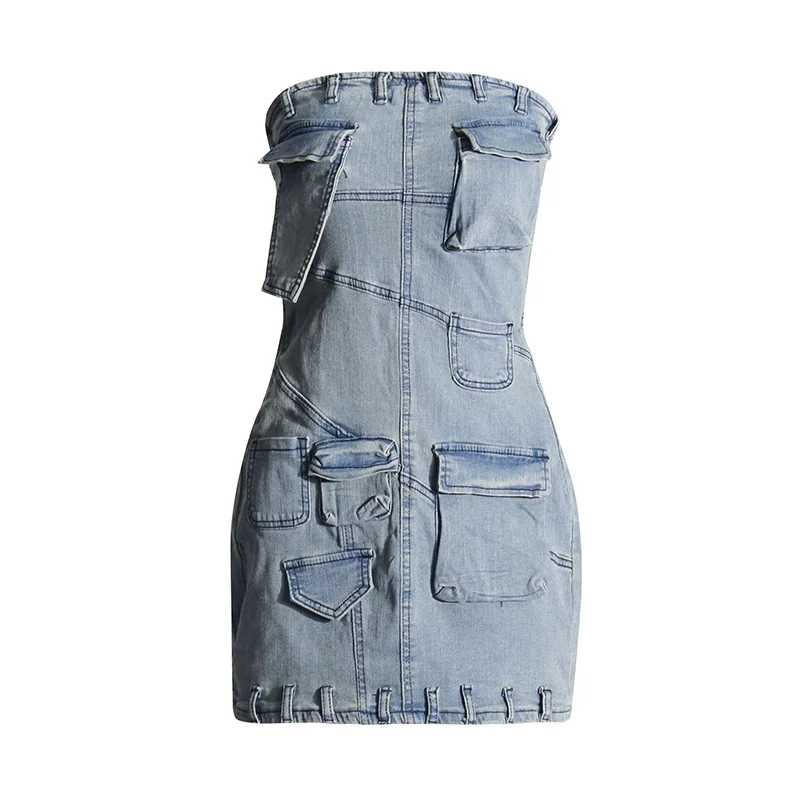 Toloer Toloer Fashion Fall 2024 New Multi-Bag Stitching Sexy Strapless Wrap Hip Short Denim Dress-Outfit Ideas