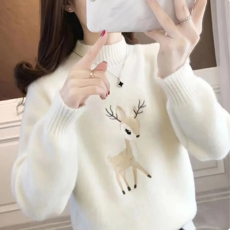 Pongl Autumn Winter Embroidered Deer Sweaters Women New Long Sleeve Classic Mock Neck Casual Comfortable Keep Warm Top 2023